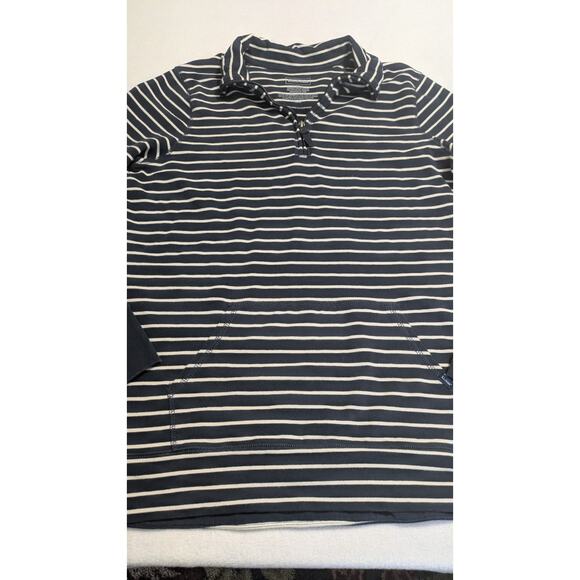 LL Bean Ultrasoft Sweats 1/4 Zip Pullover Womens Large Navy Blue Stripe Shirt - Picture 2 of 11